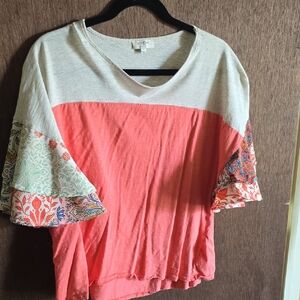 Umgee Coral and Ivory Colorblock Crop Top with Printed Ruffle Sleeves